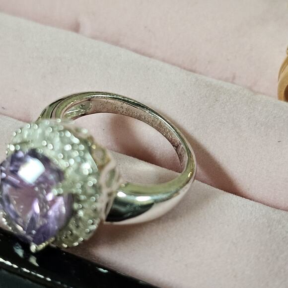 Sterling Silver Cushion Amethyst & White Zircon Ring Sz 6 Statement Birthstone - Picture 7 of 9